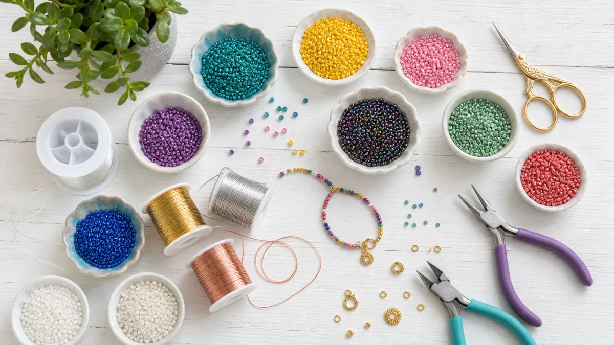 a flat lay of colorful seed beads, wire spools, and craft tools…