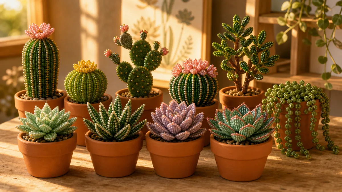 a collection of finished beaded succulents and cacti in small terracotta pots,…