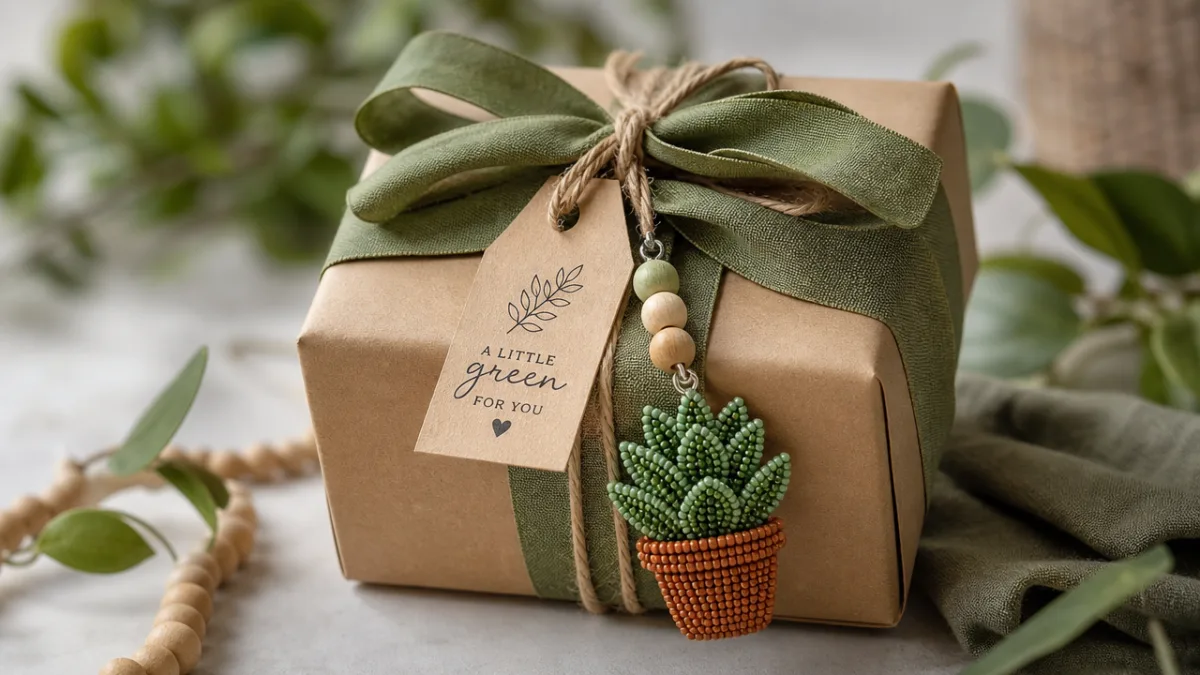 a beautifully wrapped beaded plant gift box with kraft paper and ribbon,…