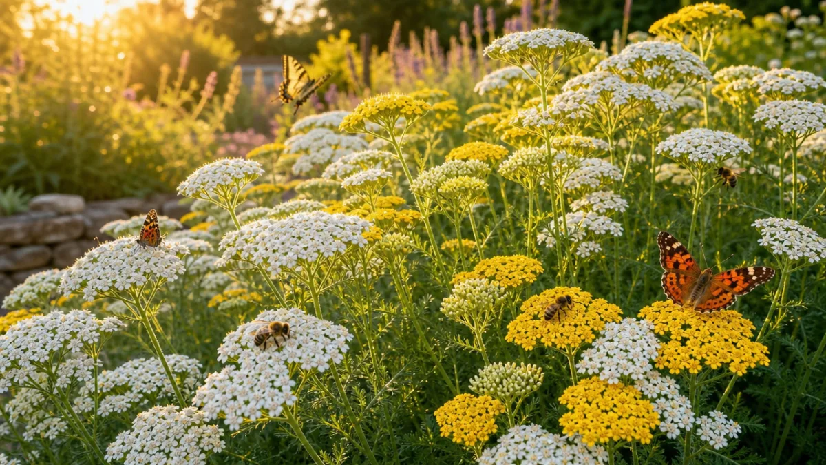 a sunlit garden bed full of white and yellow yarrow flowers with…