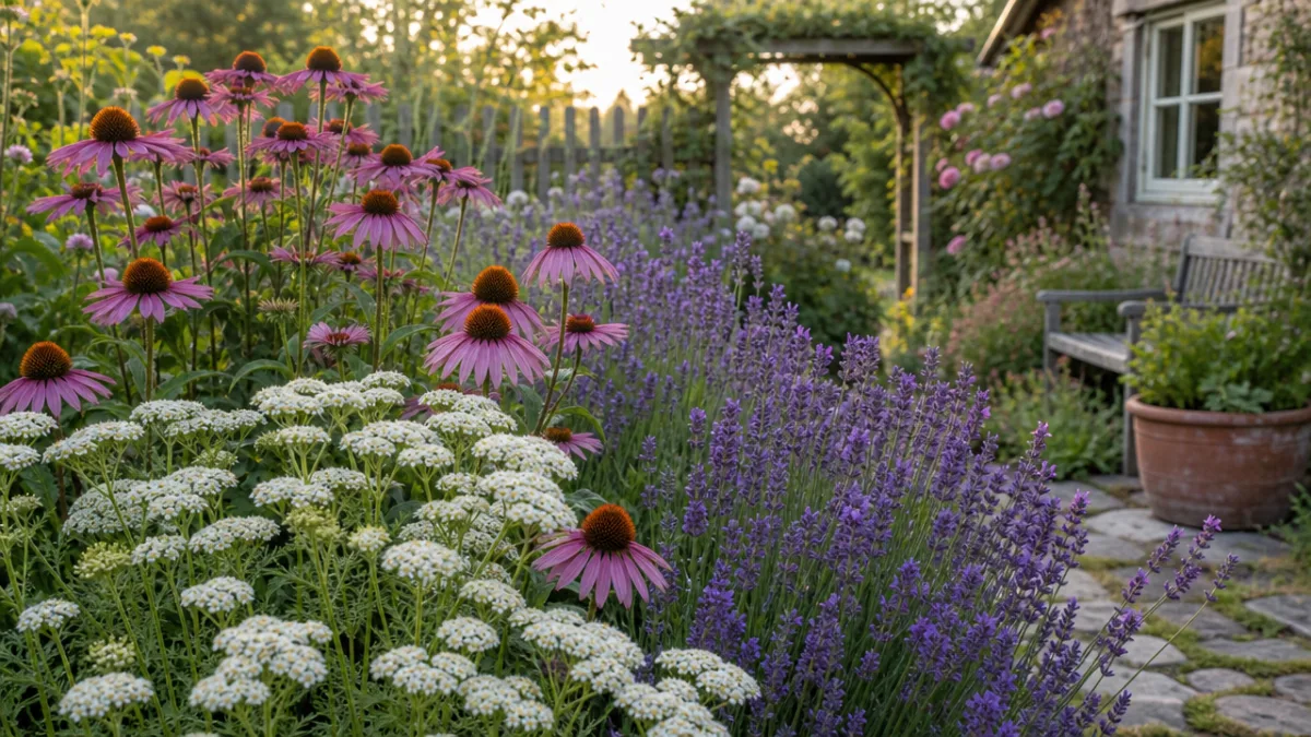 a lush cottage garden with yarrow, lavender, and echinacea growing together, soft…