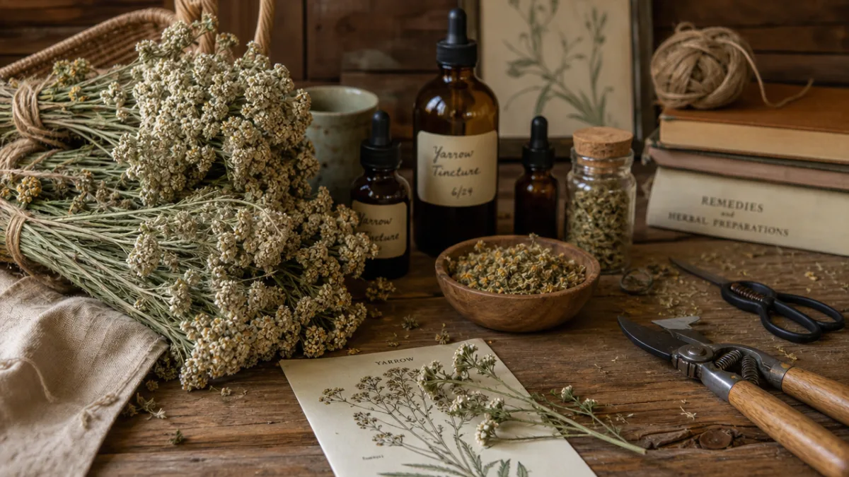 a rustic wooden table with dried yarrow bundles, herbal tinctures, and garden…
