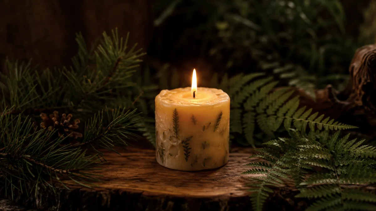 a handmade candle glowing softly on a wooden surface surrounded by pine…