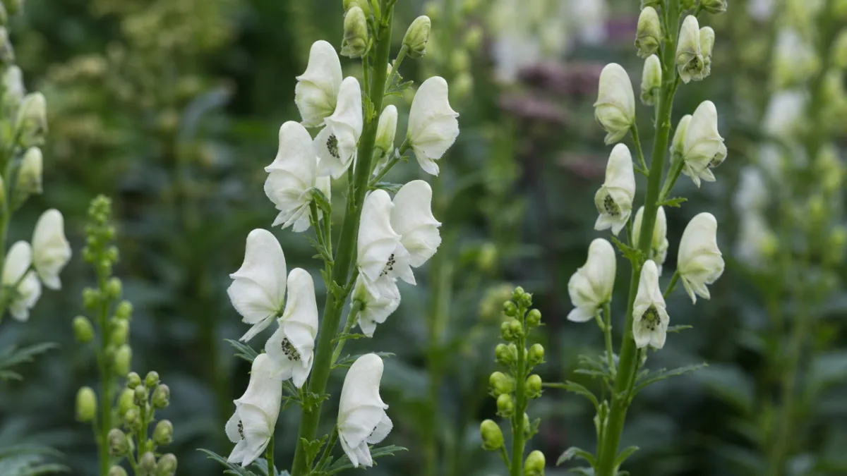 a close-up of white monkshood flowers on tall green spires, soft diffused…