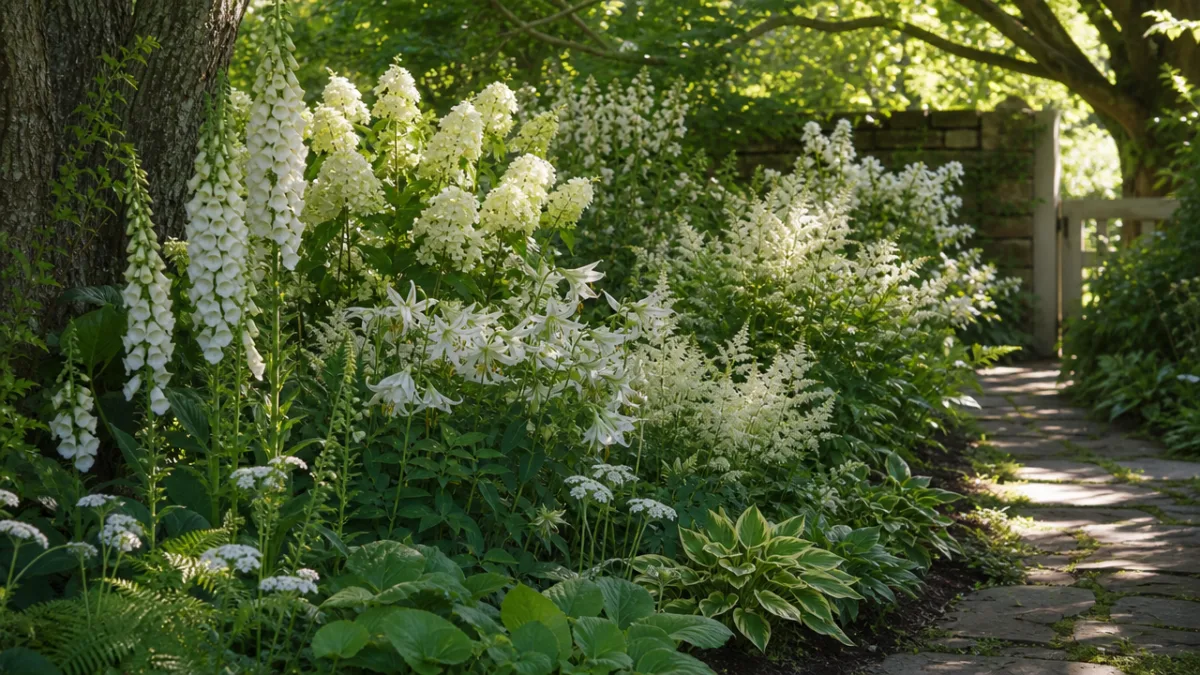 a shaded cottage garden border with tall white flowering perennials, dappled afternoon…
