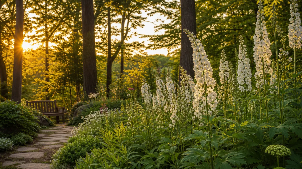 a serene woodland garden featuring tall white perennial spires among green foliage,…