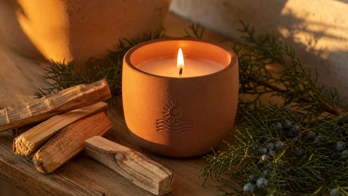 a terracotta ceramic soy candle glowing warmly on a wooden surface, surrounded…