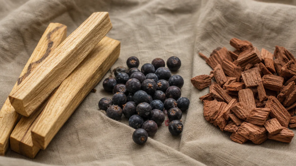 close-up of three fragrance ingredients — palo santo wood, juniper berries, cedarwood…
