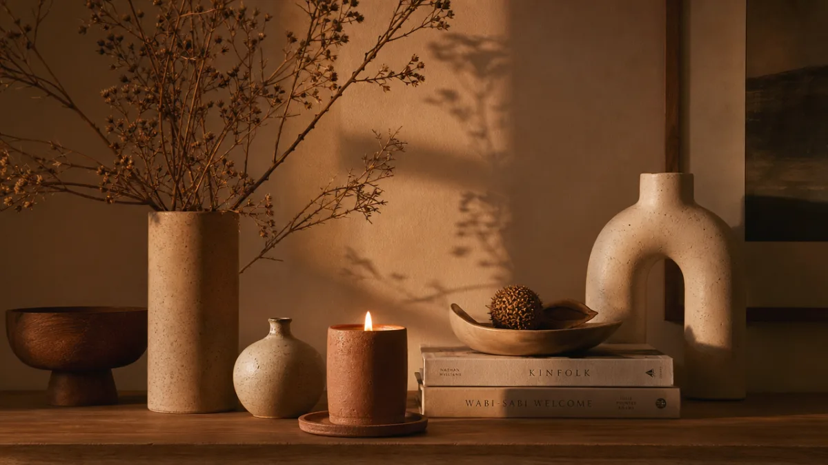a styled home interior shelf with terracotta candle burning beside dried botanicals…