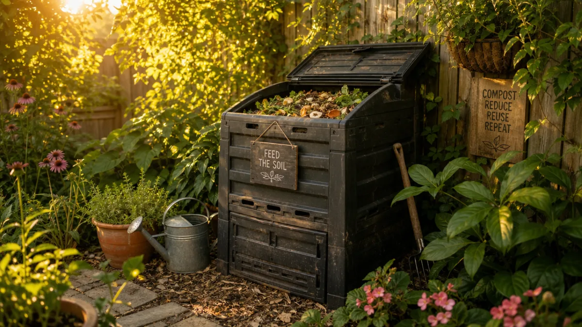 a lush backyard garden compost bin surrounded by green plants, warm golden…