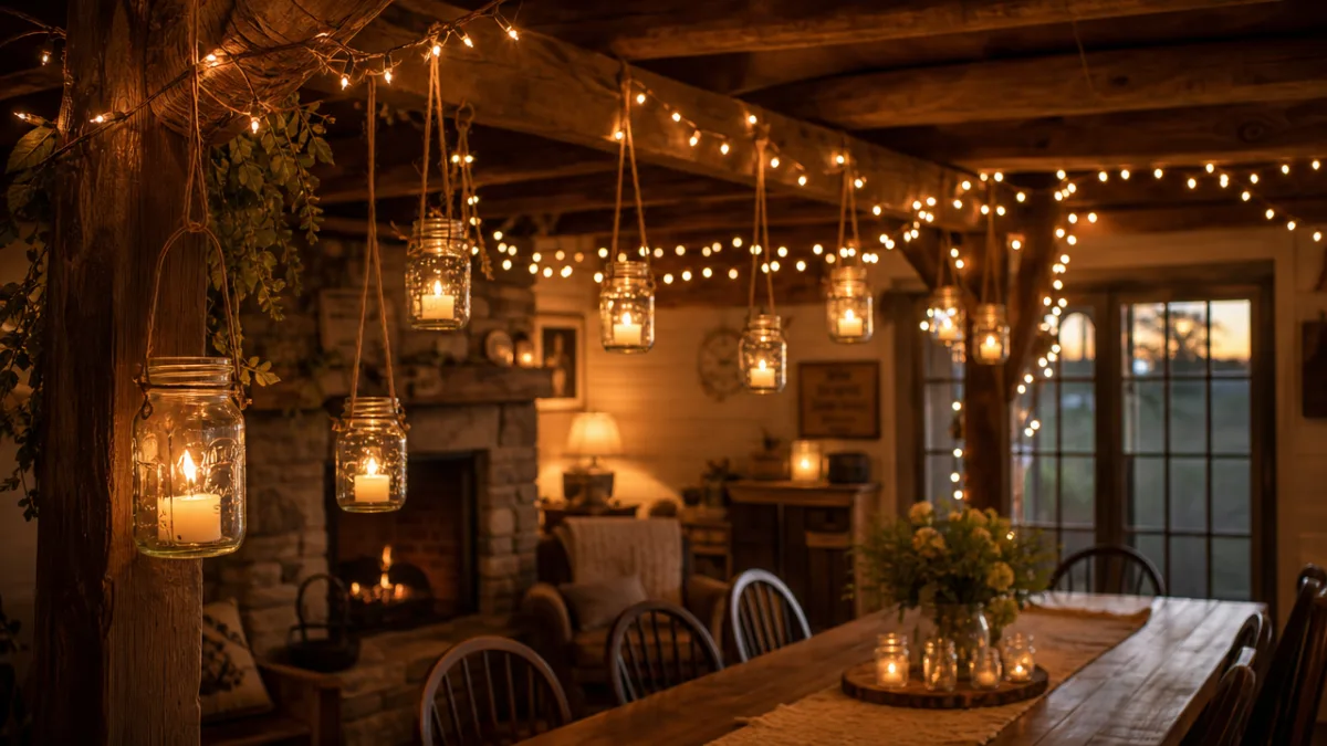 a cozy rustic interior with hanging mason jar candles and warm copper…