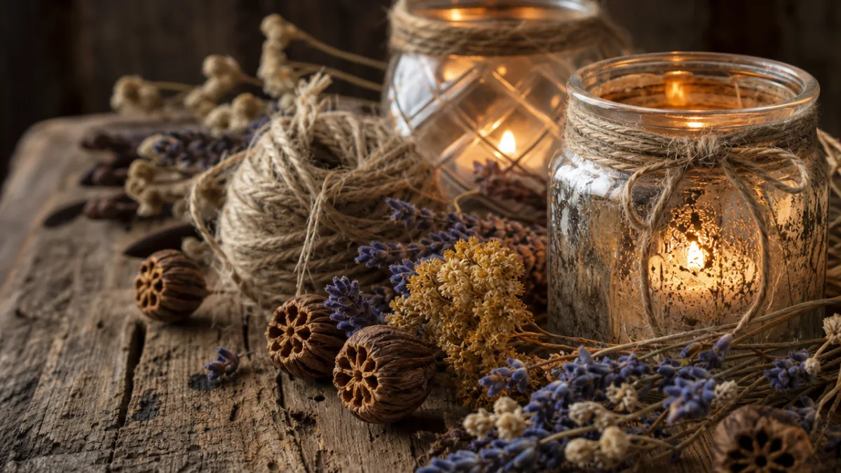 close-up of rustic dried botanicals, twine, and glass candle holders arranged on…