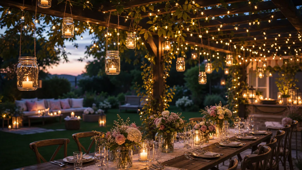 a romantic outdoor garden party setup with hanging mason jar candles and…