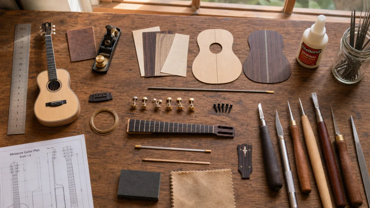a flat lay of miniature guitar-making craft supplies on a wooden table,…