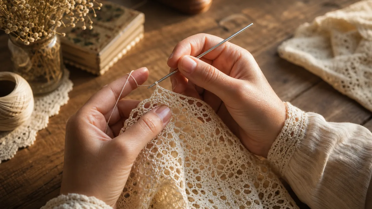 crocheter's hands working delicate cream lace fabric with steel hook, warm golden…