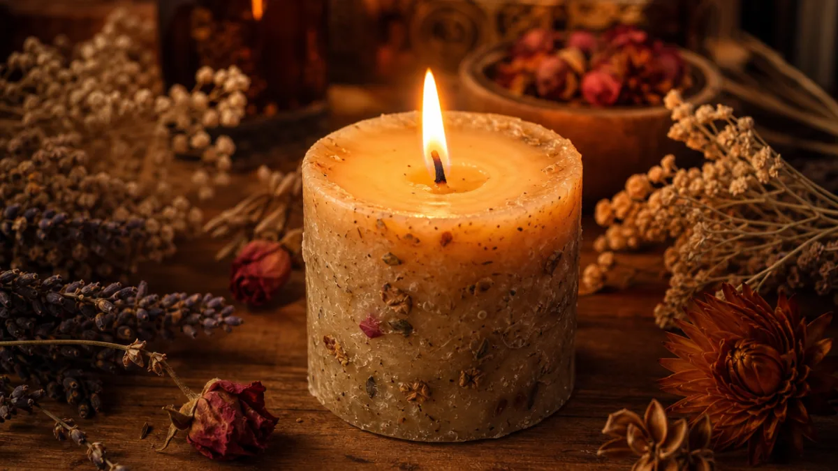 a close-up of a lit natural candle on a wooden surface surrounded…