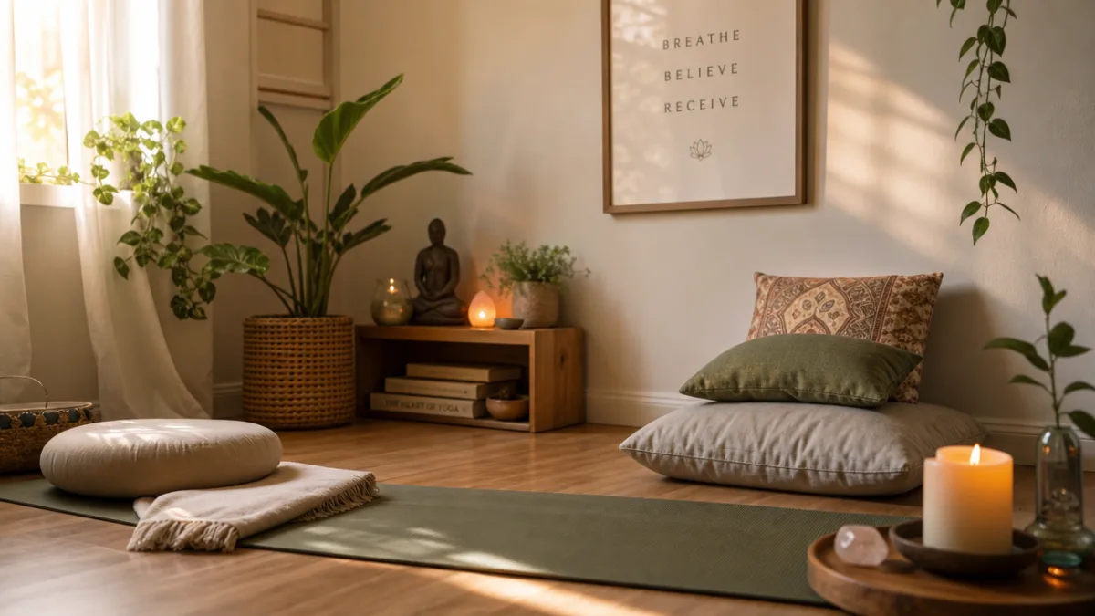 a peaceful home meditation corner with yoga mat, cushions, and glowing candle…