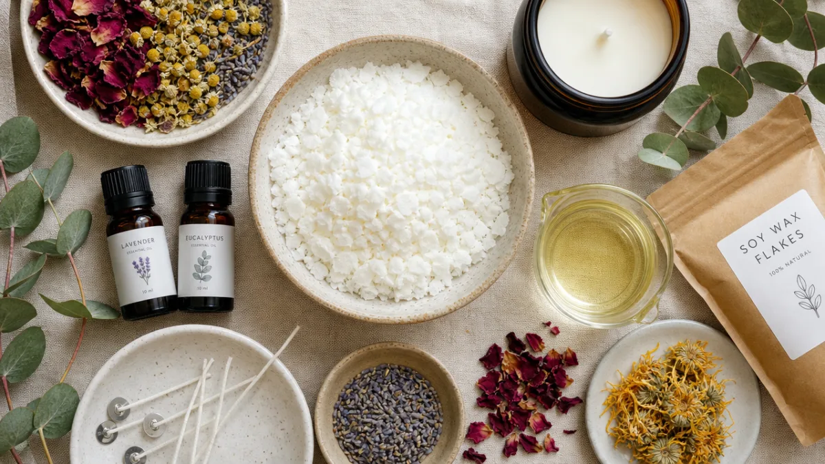 a flat lay of natural candle-making materials including soy wax flakes, essential…