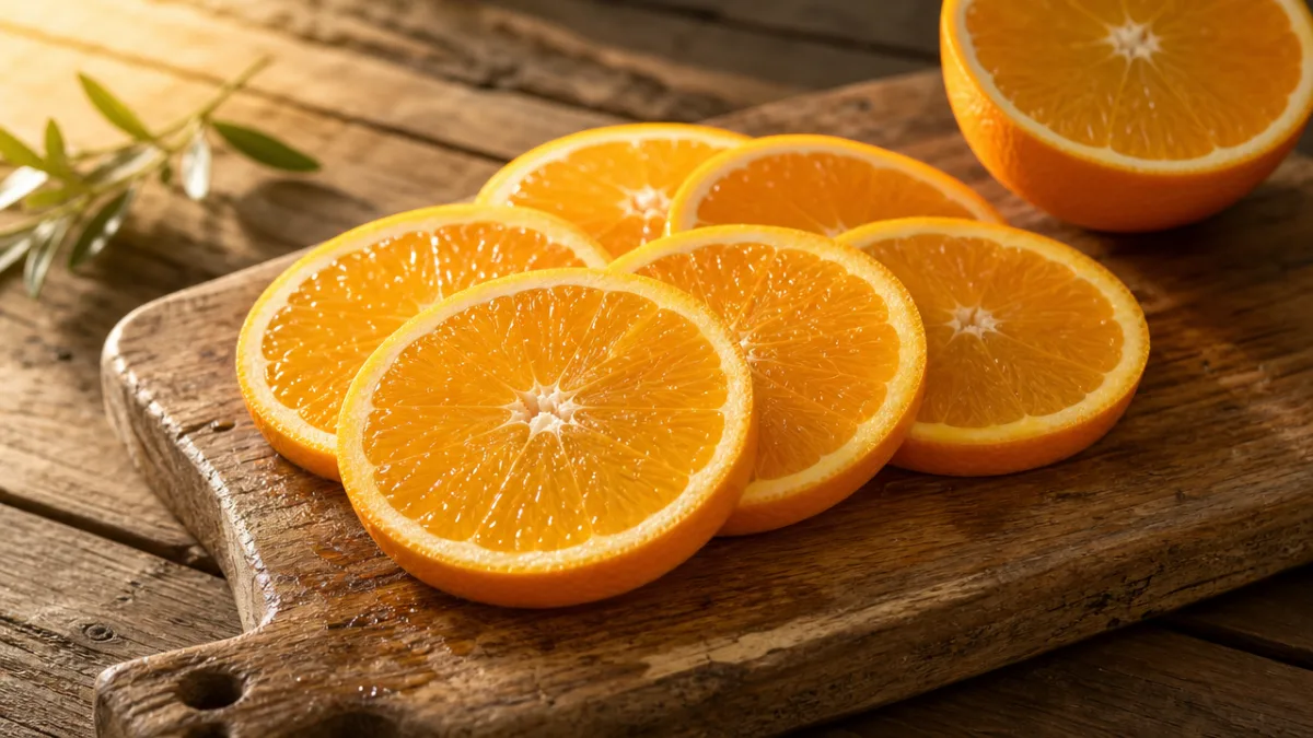 freshly sliced orange rounds arranged on a rustic wooden board, warm golden…