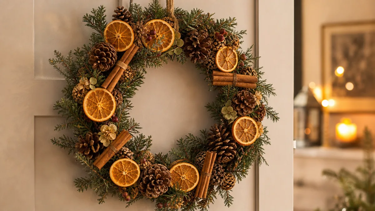 a festive handmade wreath with dried orange slices, cinnamon sticks, and pine…
