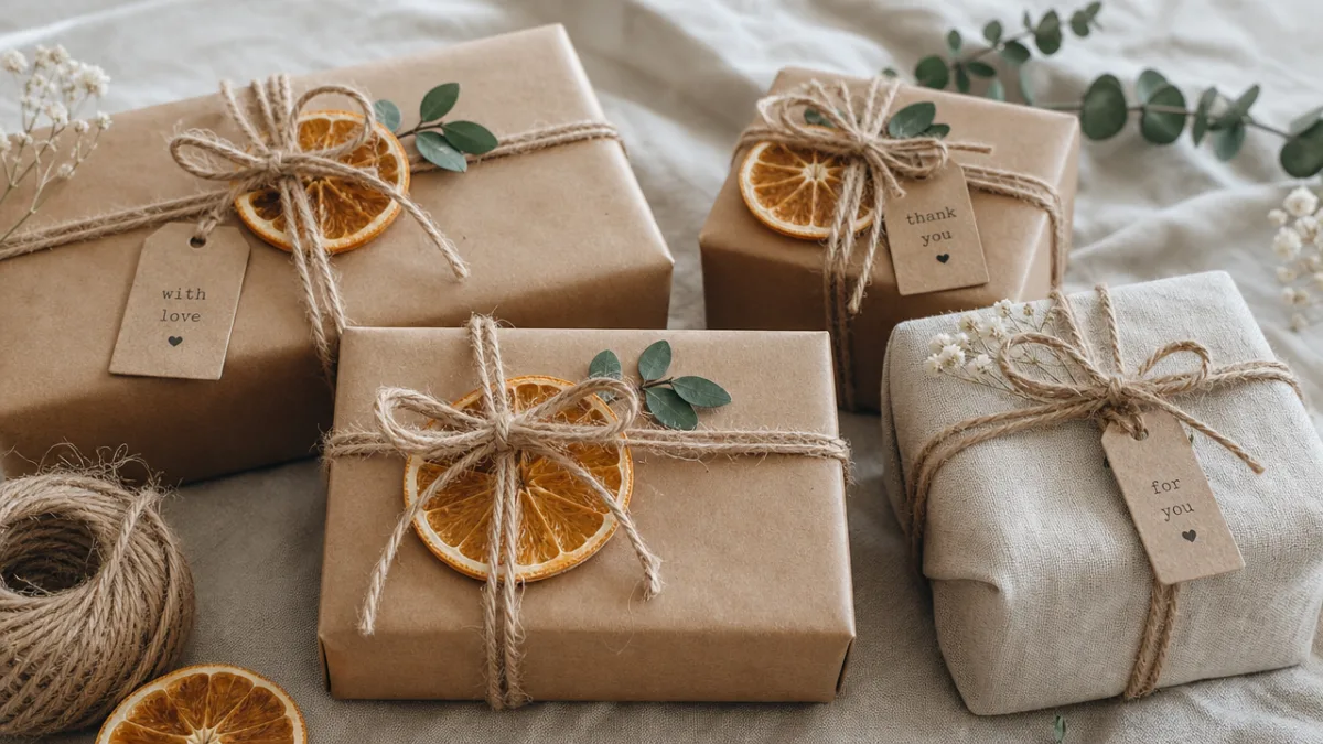 handcrafted gift packages tied with jute ribbon and dried orange slices as…