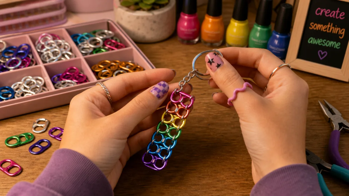 hands crafting a colorful pop tab keychain at a craft table with…