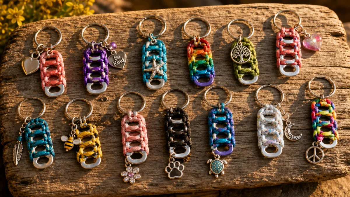 a collection of colorful finished pop tab keychains displayed on a rustic…