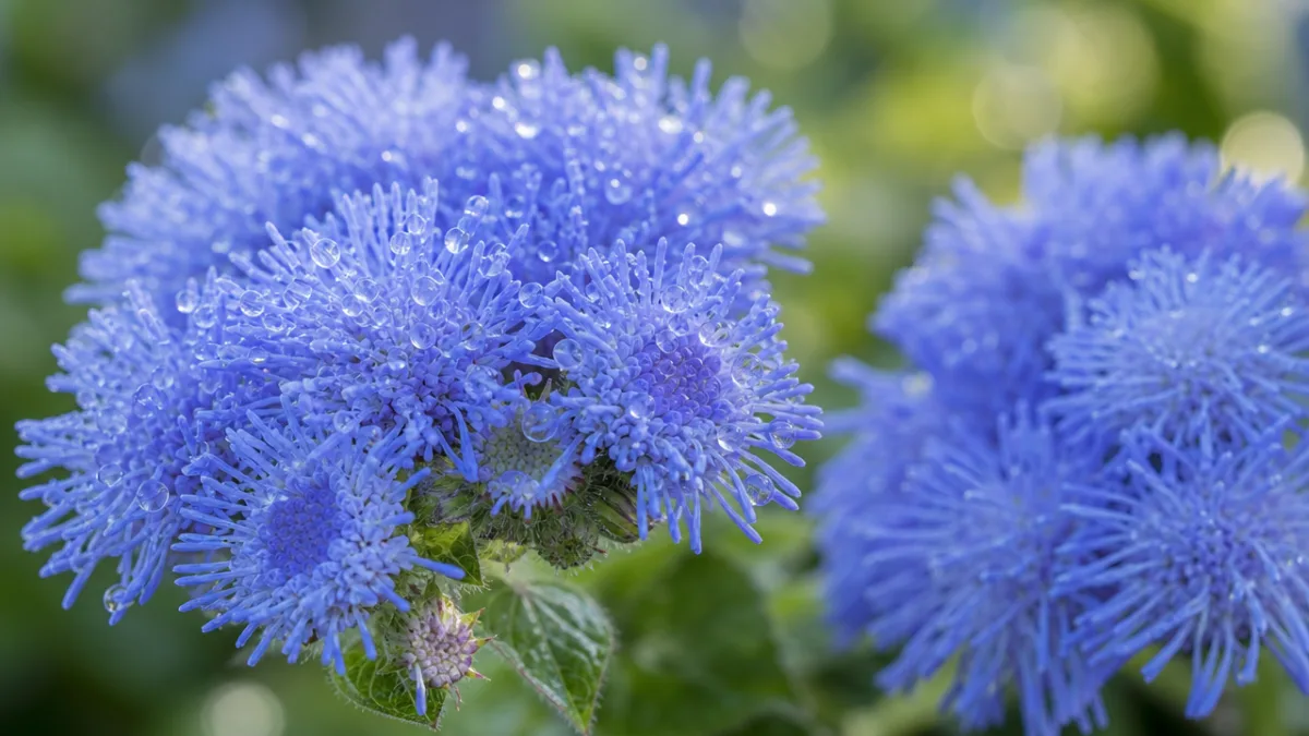 close-up of fluffy blue ageratum flower clusters with dew drops, soft bokeh…