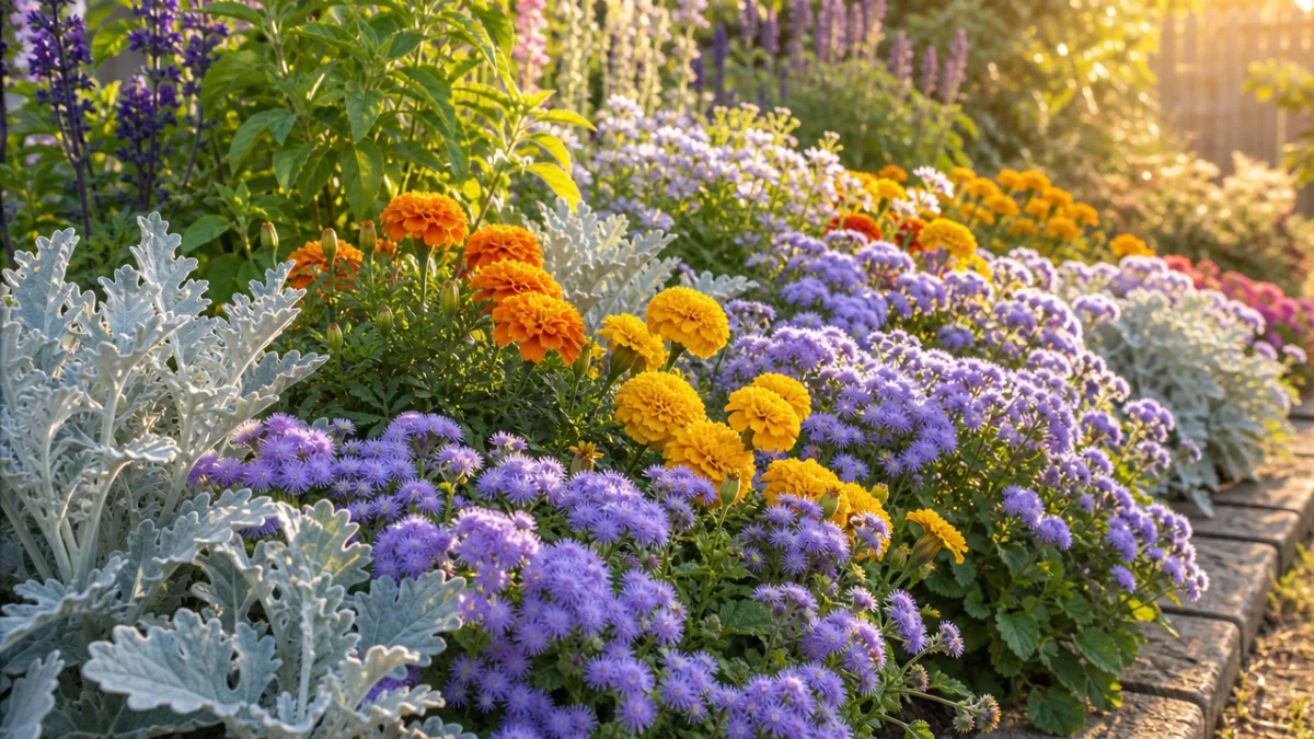 a lush mixed garden border featuring ageratum with marigolds and dusty miller,…