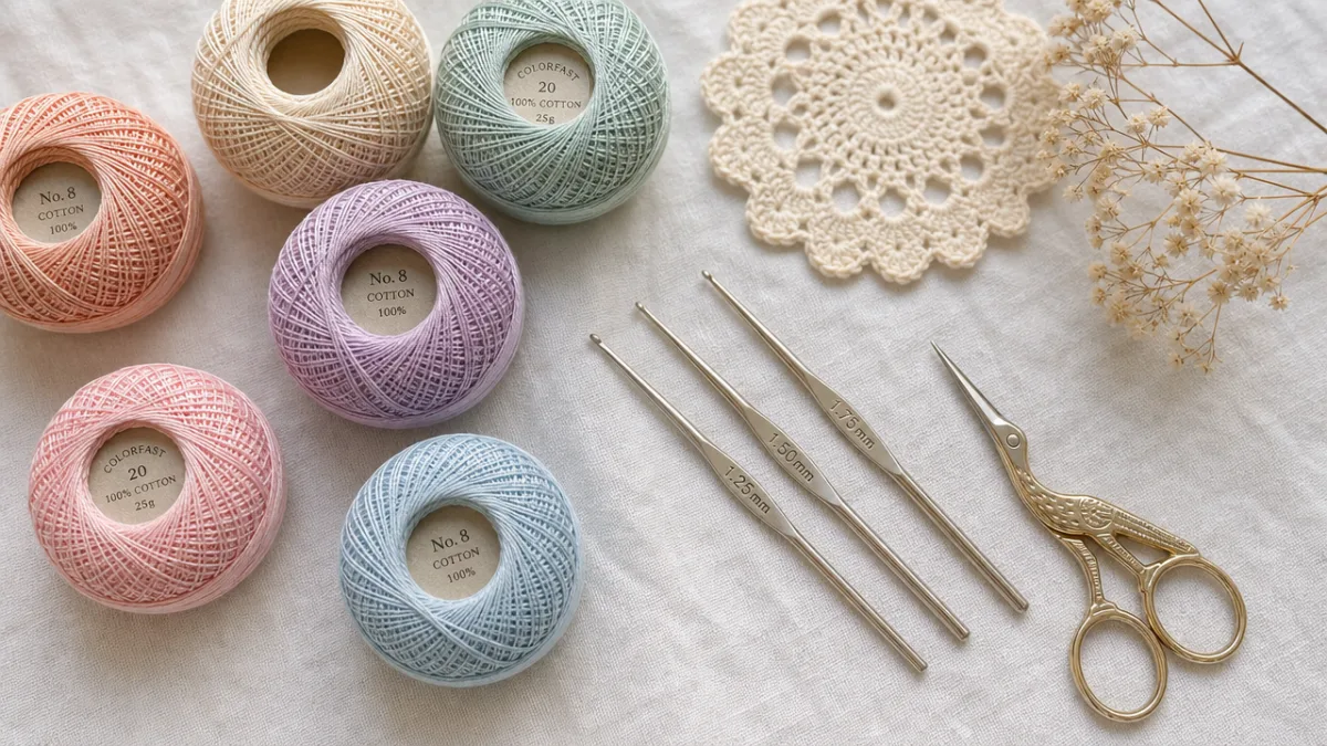flat lay of pastel crochet thread spools, steel hooks, and scissors on…