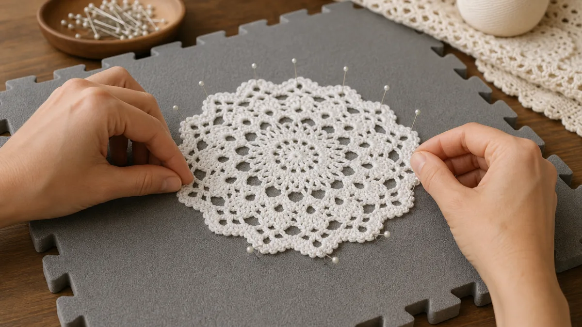 hands gently pinning a small white crocheted doily to a foam blocking…