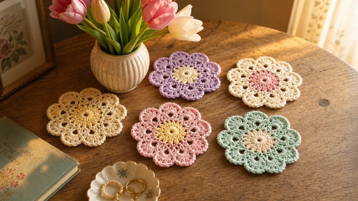 a styled vignette of finished floral mini doilies in pastel colors arranged…
