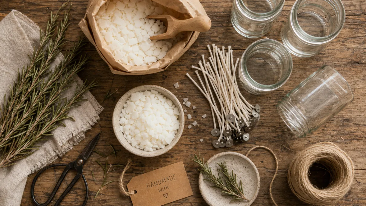 flat lay of candle making supplies including dried rosemary sprigs, soy wax,…