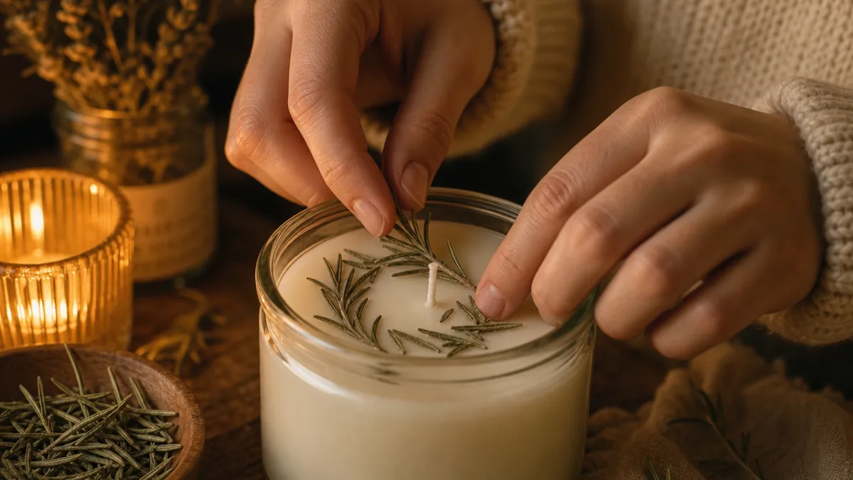 hands carefully pressing dried rosemary sprigs onto the surface of a warm…