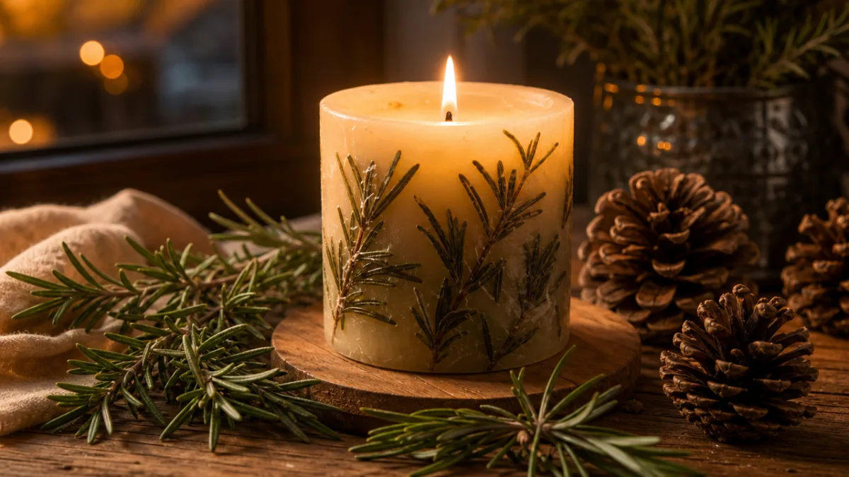 a finished pressed rosemary candle glowing warmly on a wooden table surrounded…