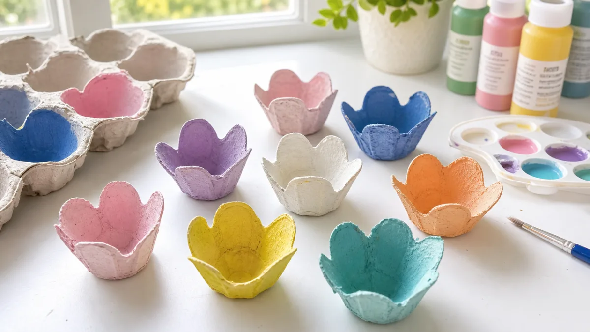 egg carton cups cut into flower shapes arranged on a white craft…