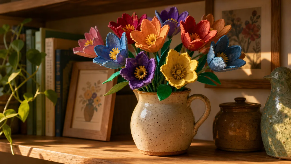 colorful painted egg carton flowers arranged in a ceramic vase on a…