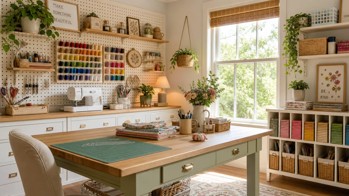a beautifully organised craft room with pegboard walls, colourful thread spools, and…