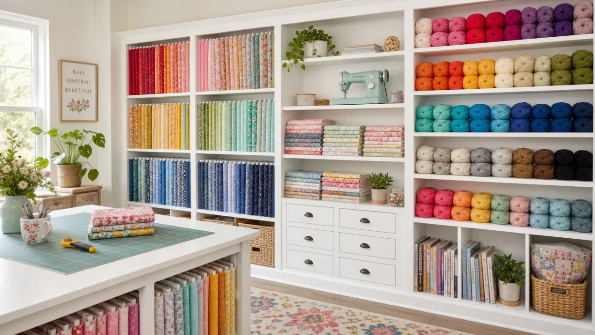 neatly organised shelves of colourful fabric bolts and yarn skeins in a…