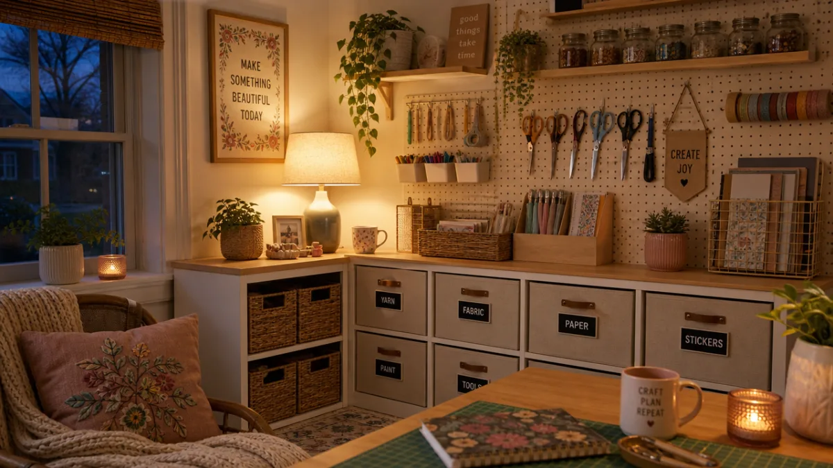 a cosy craft room corner with organised pegboard, labelled storage boxes, and…