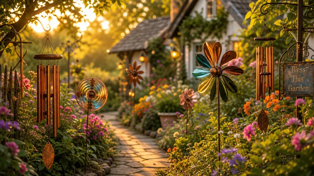 a cottage garden pathway lined with copper wind chimes and colorful spinning…