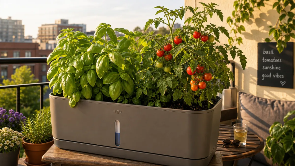 a lush self-watering planter growing basil and cherry tomatoes on a sunny…
