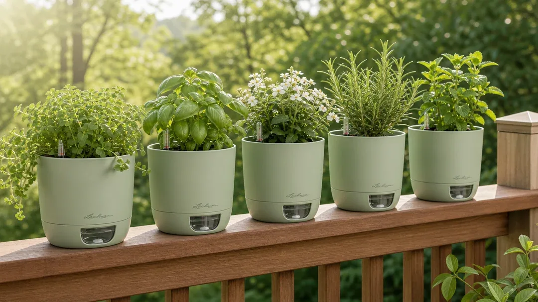 a neat row of matching self-watering planters on a sunlit wooden deck…