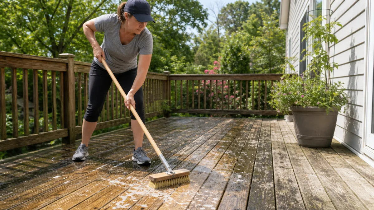 a person scrubbing a weathered wooden deck with a long-handled brush, bright…