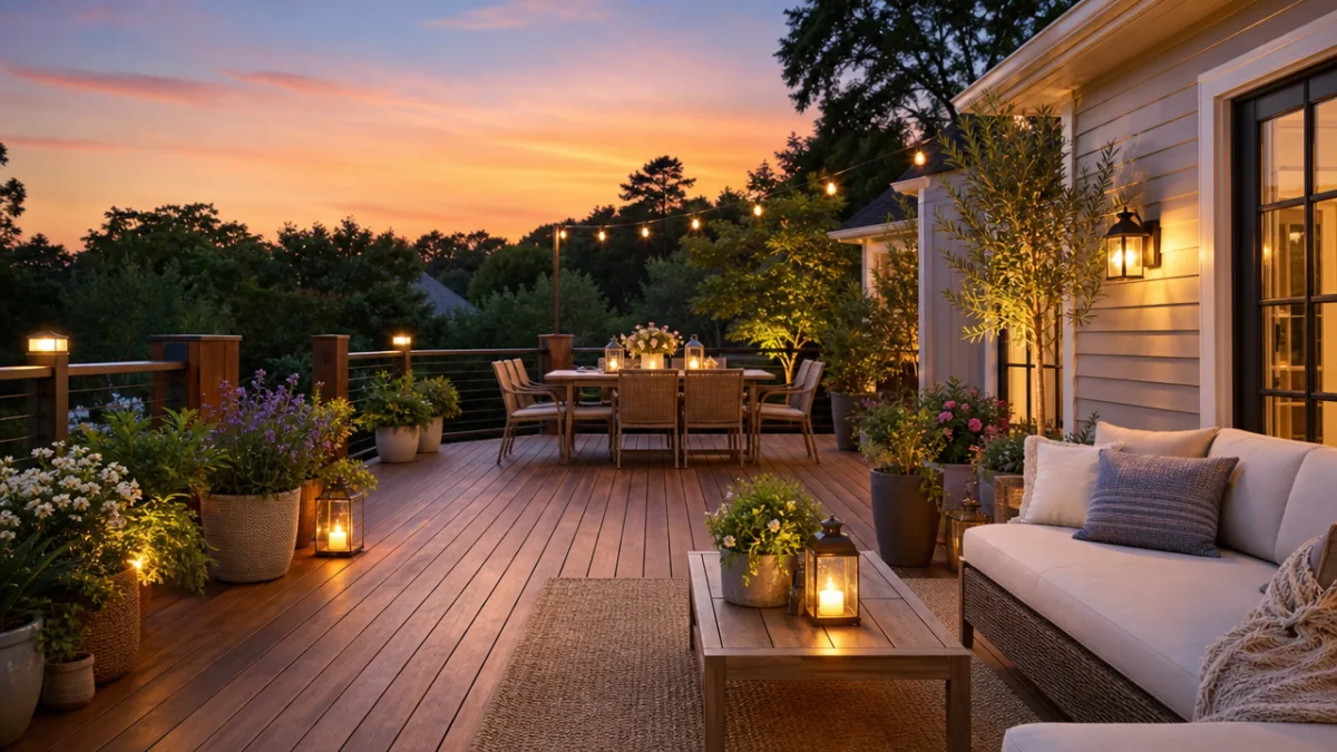a beautifully clean wooden deck with outdoor furniture and potted plants glowing…