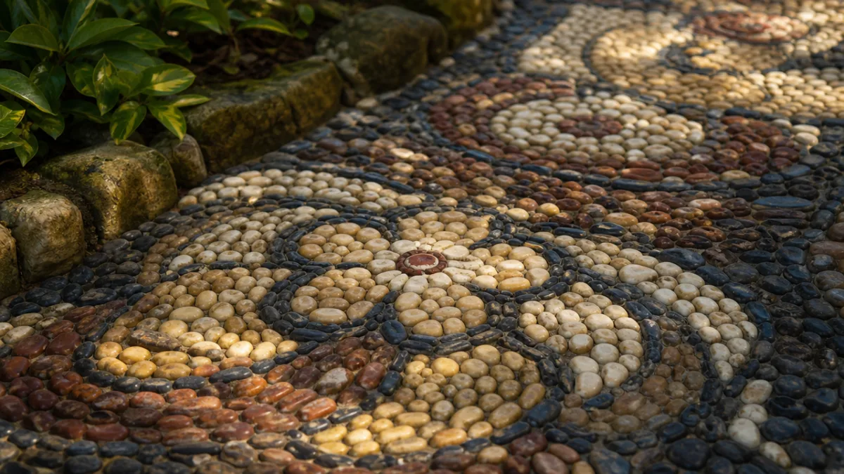 a close-up of an intricate pebble mosaic path with rich earth tones,…