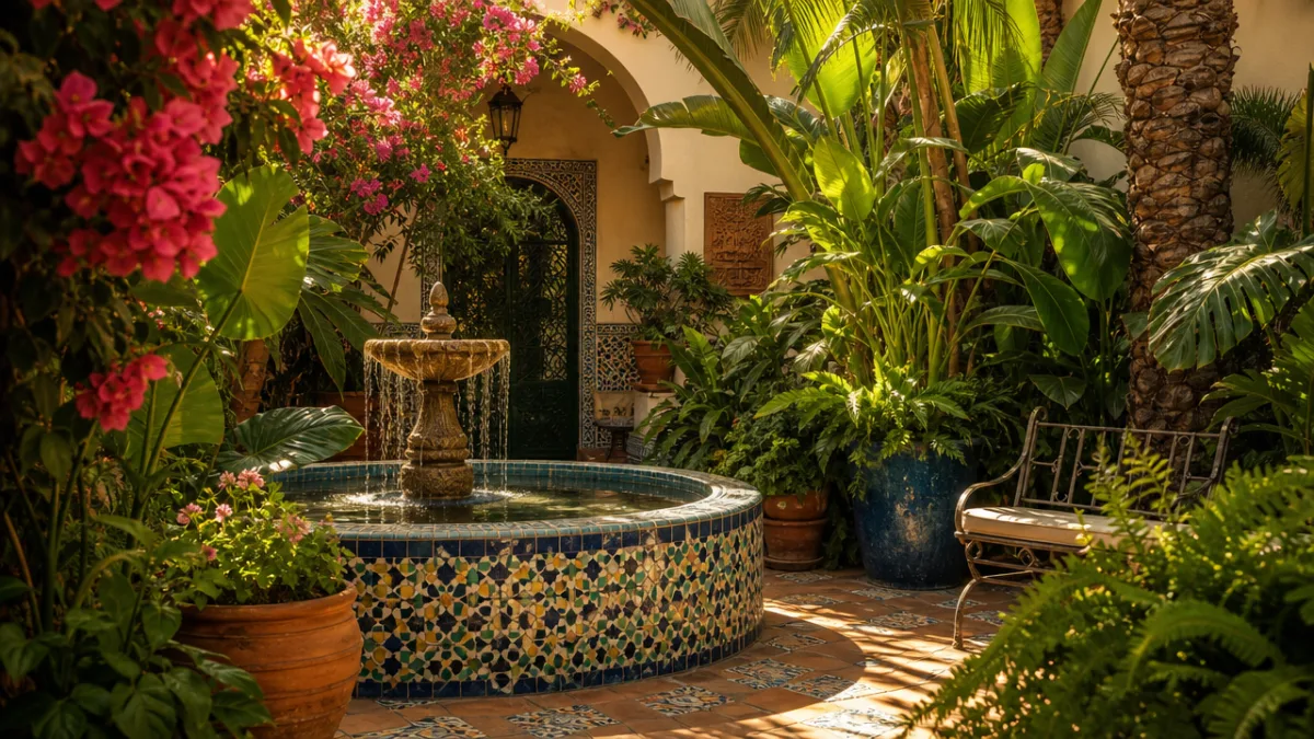 a lush garden courtyard with mosaic-tiled fountain surrounded by tropical greenery, golden…