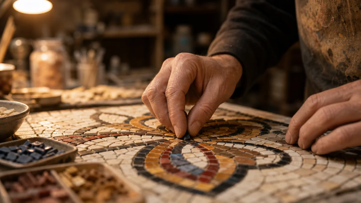 an artist's hands carefully placing stones into a mosaic pattern, warm workshop…