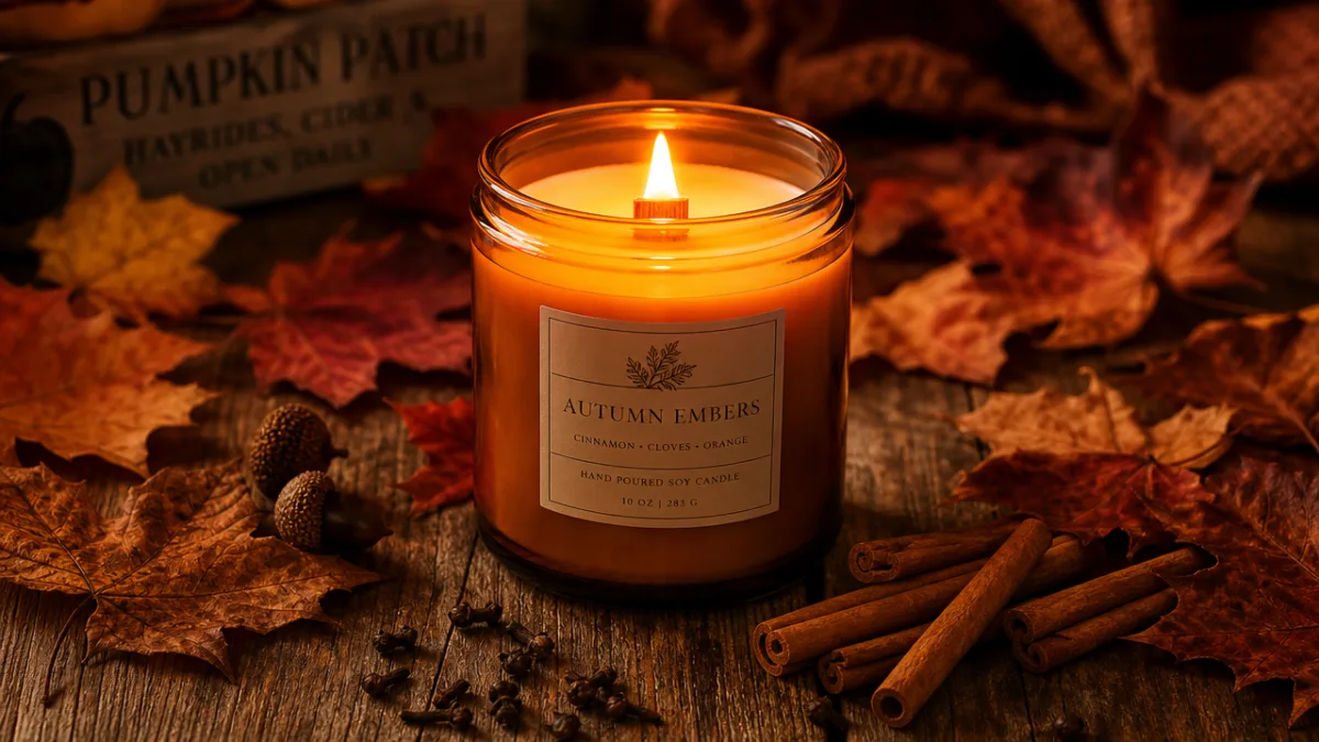 a glowing wood wick candle on a rustic wooden table surrounded by…