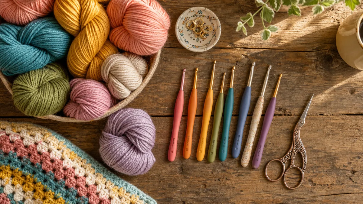 a flat lay of colorful yarn skeins, crochet hooks, and scissors arranged…